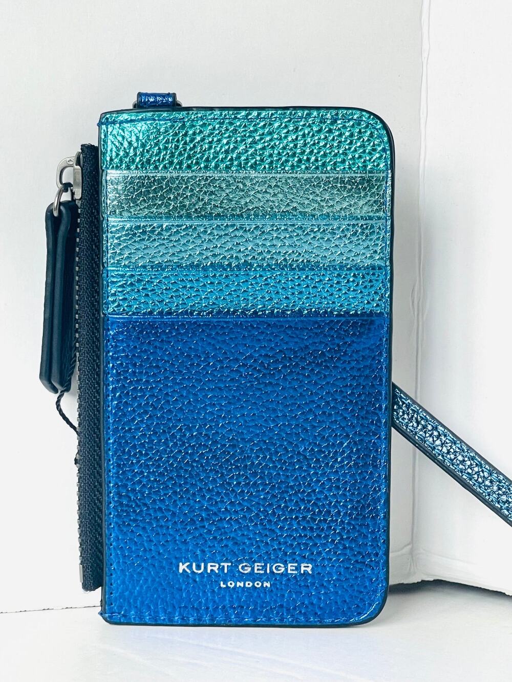Kurt Geiger Metallic Blue Leather Eagle Head Zip Card Holder Wallet